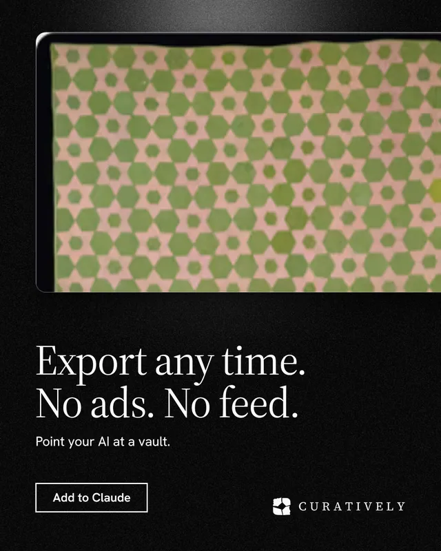 Instagram portrait post for Curatively: "Export any time. No ads. No feed." Dark deco style, bottom layout, dark palette in yellow, black, grey.