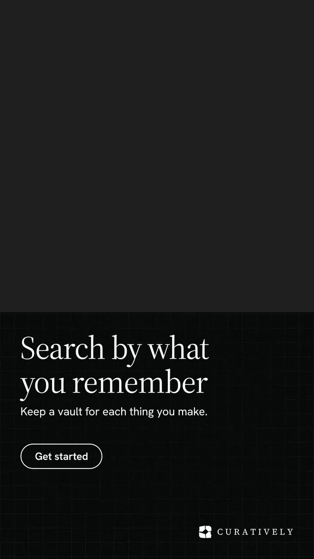 Instagram story for Curatively: "Search by what you remember". Phosphor atlas style, bottom layout, dark palette in black.