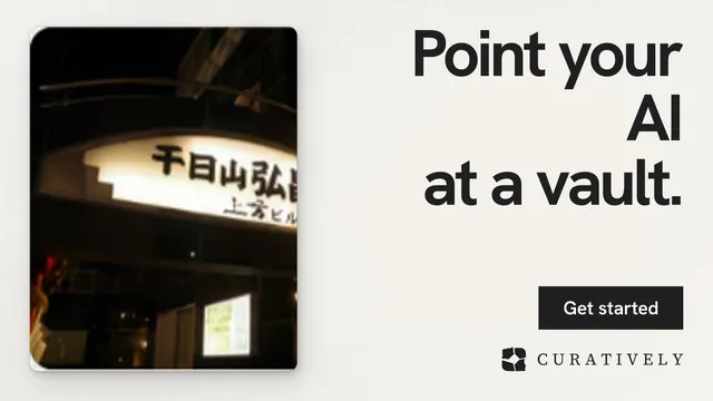 Landscape graphic for Curatively: "Point your AI at a vault." Swiss style, right layout, light palette in black, white, grey.