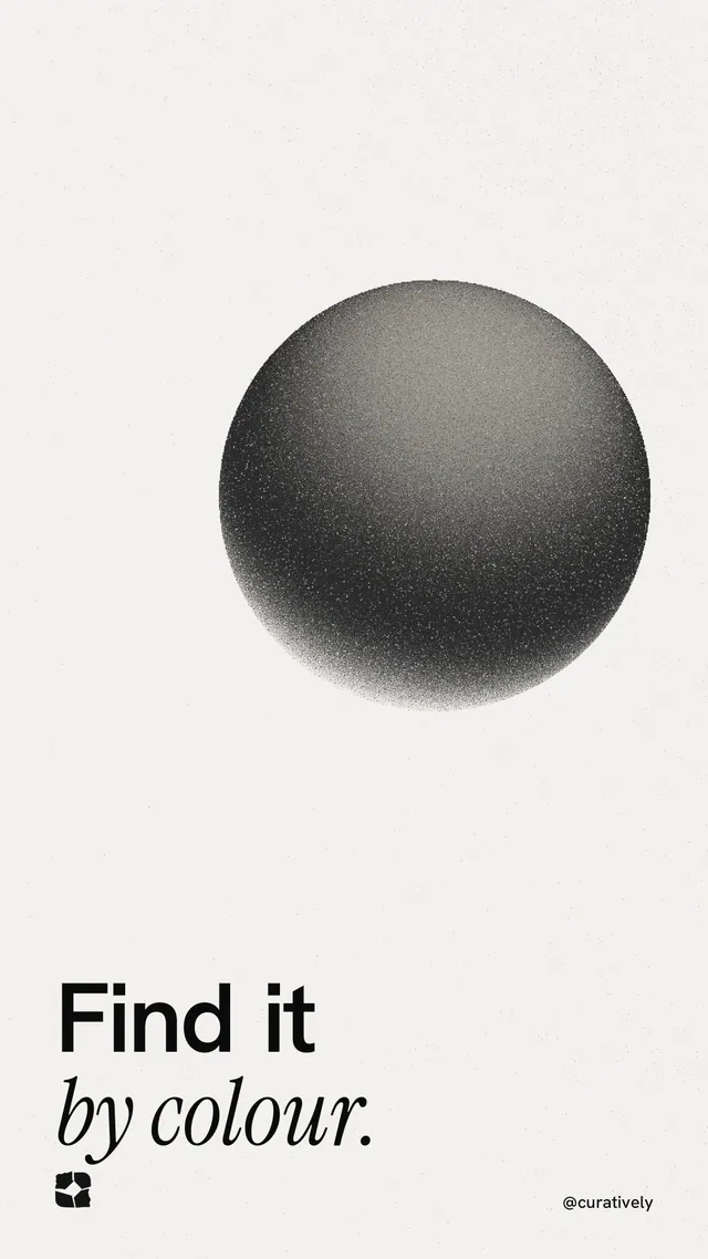 Instagram story for Curatively: "Find it by colour." Auto 9x16 style, technique:shader field layout, light palette in white, grey.