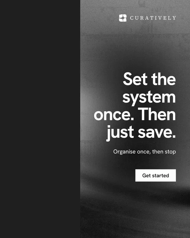 Instagram portrait post for Curatively: "Set the system once. Then just save." Swiss style, right layout, dark palette in black, grey.