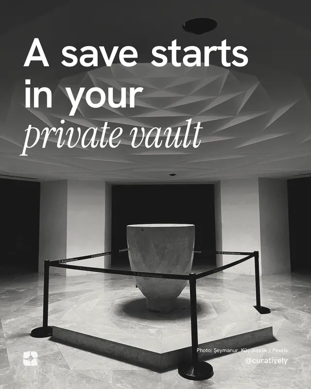 Instagram portrait post for Curatively: "A save starts in your private vault". Duotone style, technique:pexels ingredient layout, dark palette in grey, black.