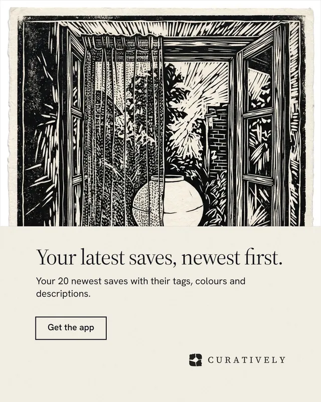 Instagram portrait post for Curatively: "Your latest saves, newest first." Editorial style, bottom layout, light palette in yellow, black, grey.