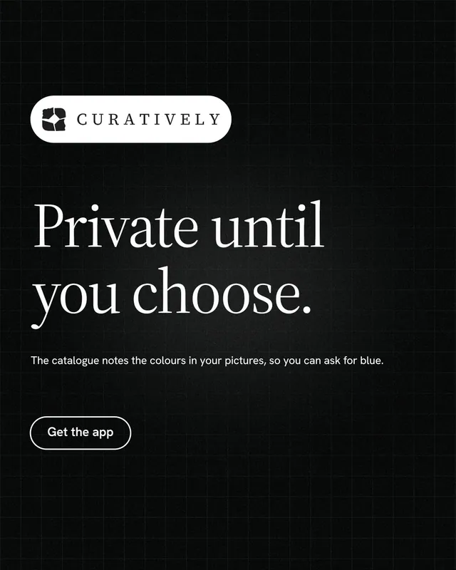 Instagram portrait post for Curatively: "Private until you choose." Phosphor atlas style, announce layout, dark palette in black, grey.