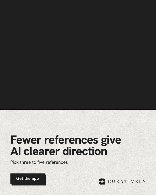 Instagram portrait post for Curatively: "Fewer references give AI clearer direction". Paper trio style, bottom layout, light palette in black, white.