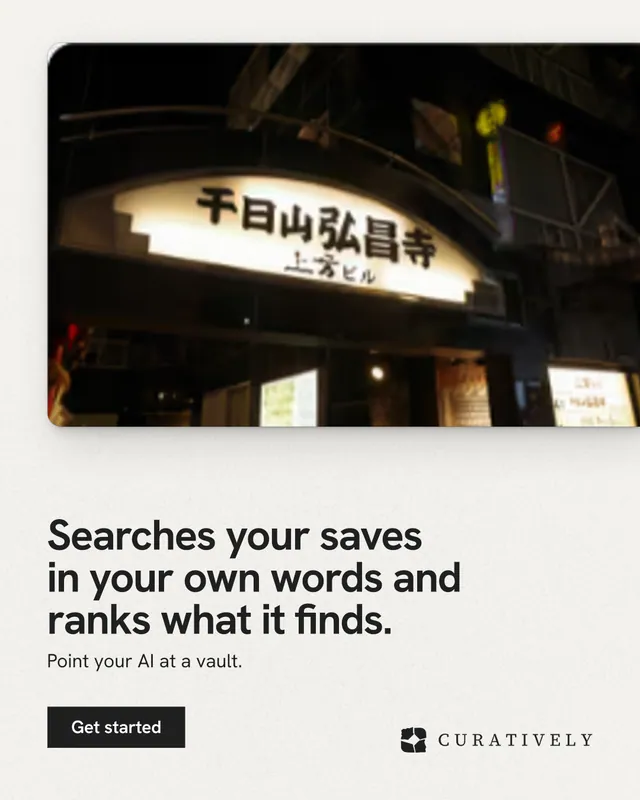 Instagram portrait post for Curatively: "Searches your saves in your own words and ranks what it finds." Swiss style, bottom layout, light palette in black, white, grey.
