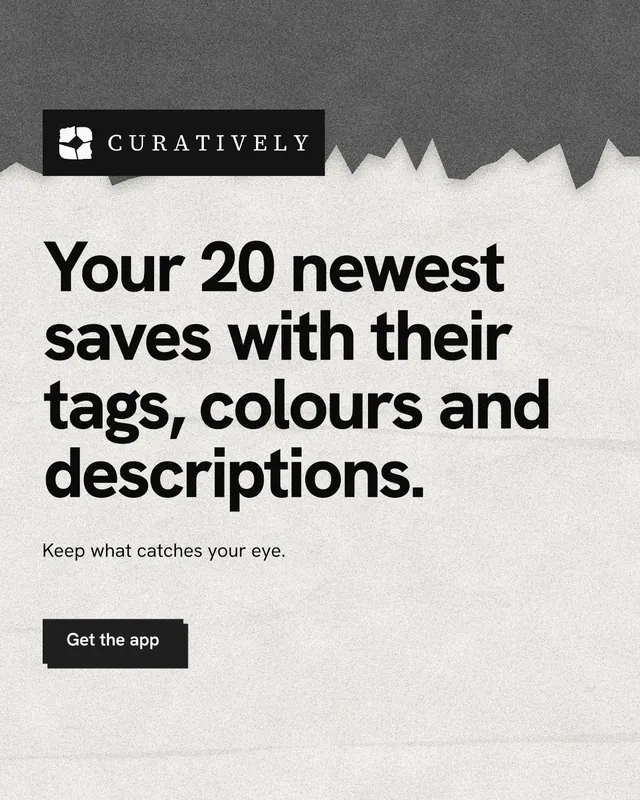 Instagram portrait post for Curatively: "Your 20 newest saves with their tags, colours and descriptions." Paper trio style, announce layout, light palette in grey, white.