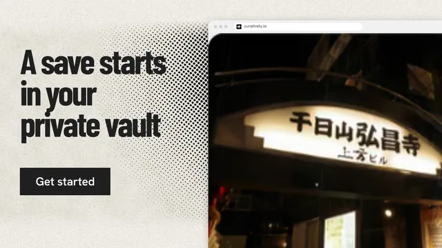 Landscape graphic for Curatively: "A save starts in your private vault". Ink sticker style, browser layout, light palette in black, yellow, grey.