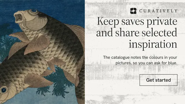 Landscape graphic for Curatively: "Keep saves private and share selected inspiration". Editorial style, right layout, light palette in teal, white, grey.