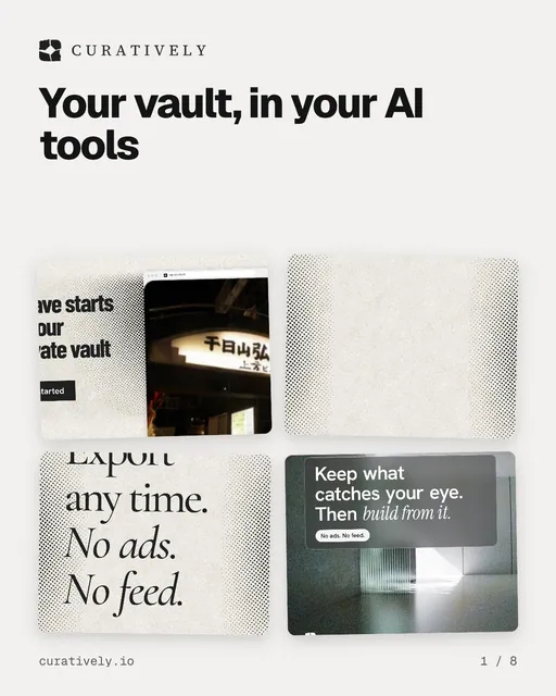 Carousel for Curatively: "Your vault, in your AI tools". Collection carousel, 8 slides, light palette.