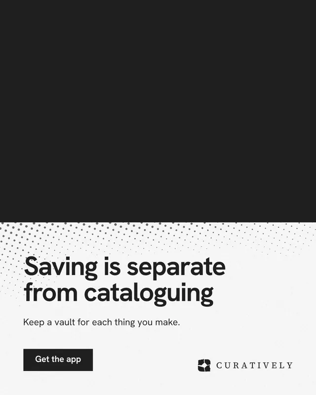 Instagram portrait post for Curatively: "Saving is separate from cataloguing". Swiss style, bottom layout, light palette in black, white, grey.