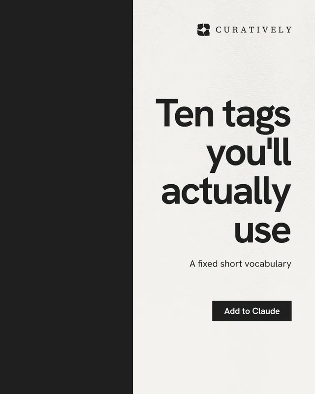 Instagram portrait post for Curatively: "Ten tags you'll actually use". Swiss style, right layout, light palette in black, white.