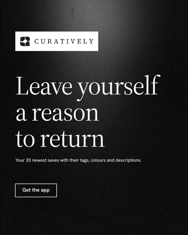 Instagram portrait post for Curatively: "Leave yourself a reason to return". Dark deco style, announce layout, dark palette in black, grey.