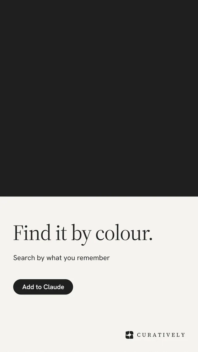 Instagram story for Curatively: "Find it by colour." Data card style, bottom layout, light palette in black, white.