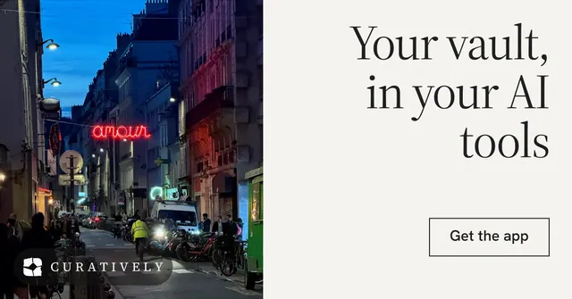 Social ad for Curatively: "Your vault, in your AI tools". Editorial style, right layout, light palette in white, purple, blue.