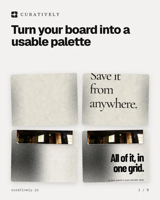 Carousel for Curatively: "Turn your board into a usable palette". Collection carousel, 8 slides, light palette.