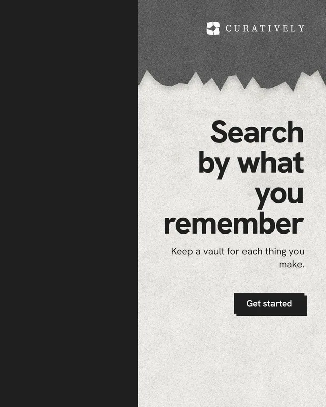 Instagram portrait post for Curatively: "Search by what you remember". Paper trio style, right layout, light palette in black, white, grey.