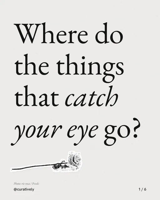 Carousel for Curatively: "Where do the things that catch your eye go?". Cutout essay, 6 slides, light palette.
