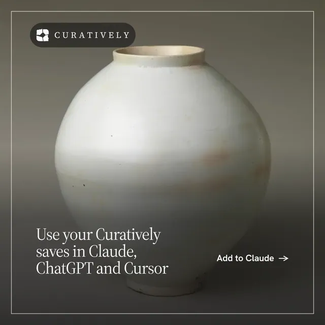 Instagram post for Curatively: "Use your Curatively saves in Claude, ChatGPT and Cursor". Editorial style, image led layout, dark palette in grey, black, white.