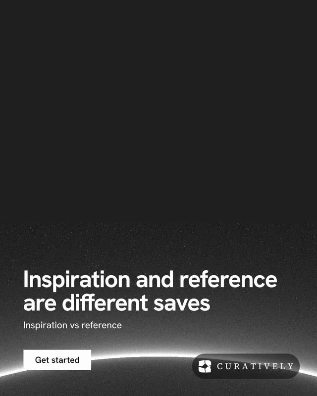 Instagram portrait post for Curatively: "Inspiration and reference are different saves". Swiss style, bottom layout, dark palette in black, grey.