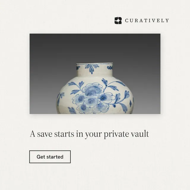Instagram post for Curatively: "A save starts in your private vault". Editorial style, bottom layout, light palette in white, grey.