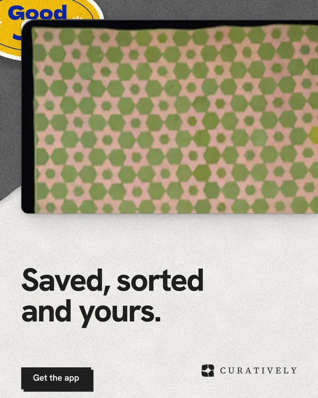Instagram portrait post for Curatively: "Saved, sorted and yours." Paper trio style, bottom layout, light palette in yellow, white, grey.