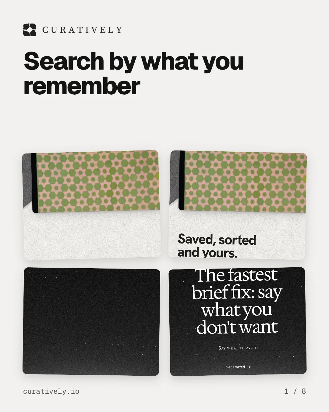 Carousel for Curatively: "Search by what you remember". Collection carousel, 8 slides, light palette.