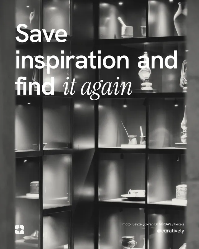 Instagram portrait post for Curatively: "Save inspiration and find it again". Duotone style, technique:pexels ingredient layout, dark palette in grey, black.