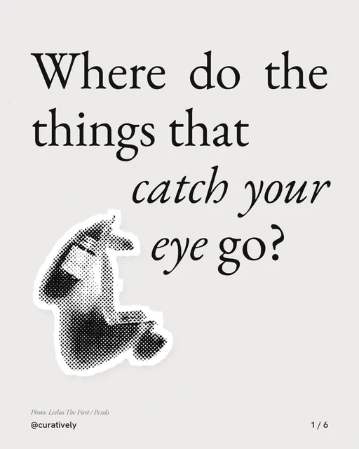 Carousel for Curatively: "Where do the things that catch your eye go?". Cutout essay, 6 slides, light palette.