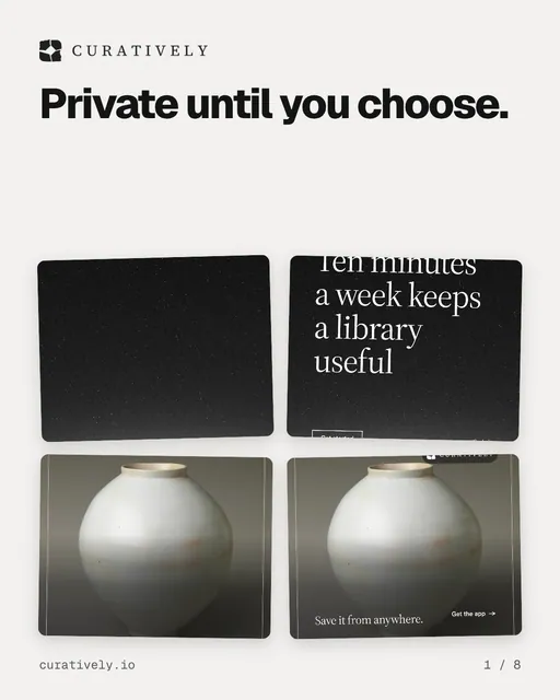 Carousel for Curatively: "Private until you choose.". Collection carousel, 8 slides, light palette.