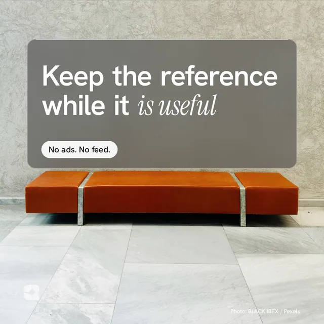 Instagram post for Curatively: "Keep the reference while it is useful". Glass style, technique:pexels ingredient layout, light palette in grey, white, orange.