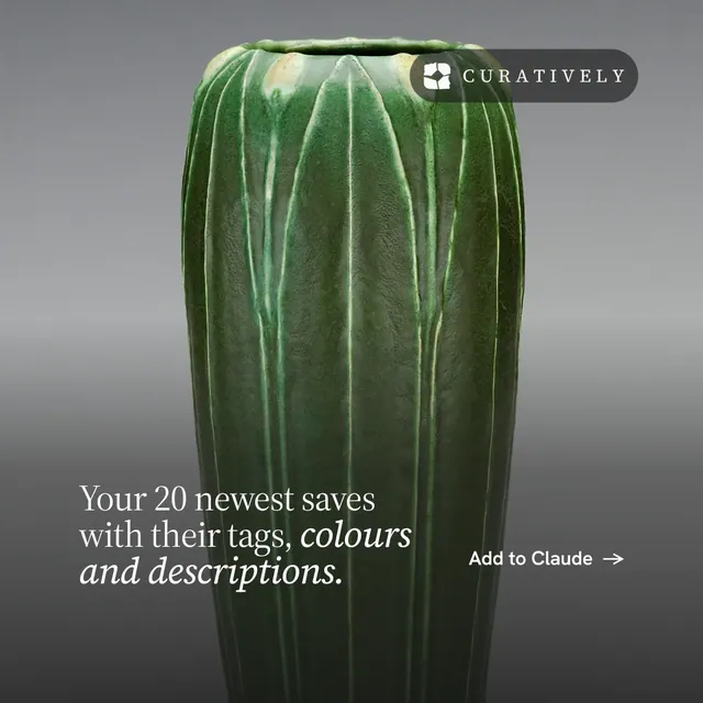 Instagram post for Curatively: "Your 20 newest saves with their tags, colours and descriptions." Editorial style, image led layout, dark palette in grey, black.