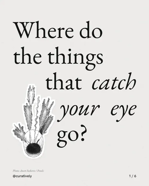 Carousel for Curatively: "Where do the things that catch your eye go?". Cutout essay, 6 slides, light palette.