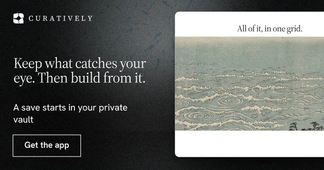 Social ad for Curatively: "Keep what catches your eye. Then build from it." Dark deco style, bottom layout, dark palette in black, grey, white.