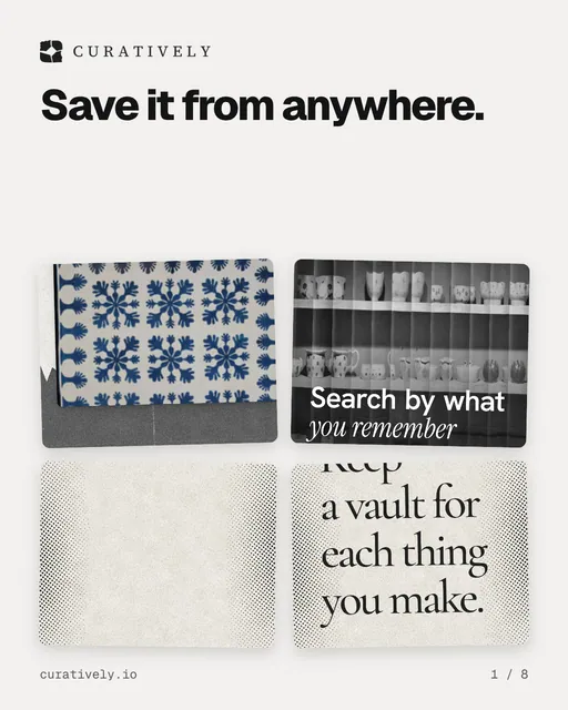 Carousel for Curatively: "Save it from anywhere.". Collection carousel, 8 slides, light palette.