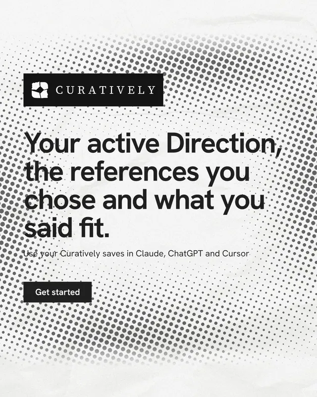 Instagram portrait post for Curatively: "Your active Direction, the references you chose and what you said fit." Swiss style, announce layout, light palette in white, grey.
