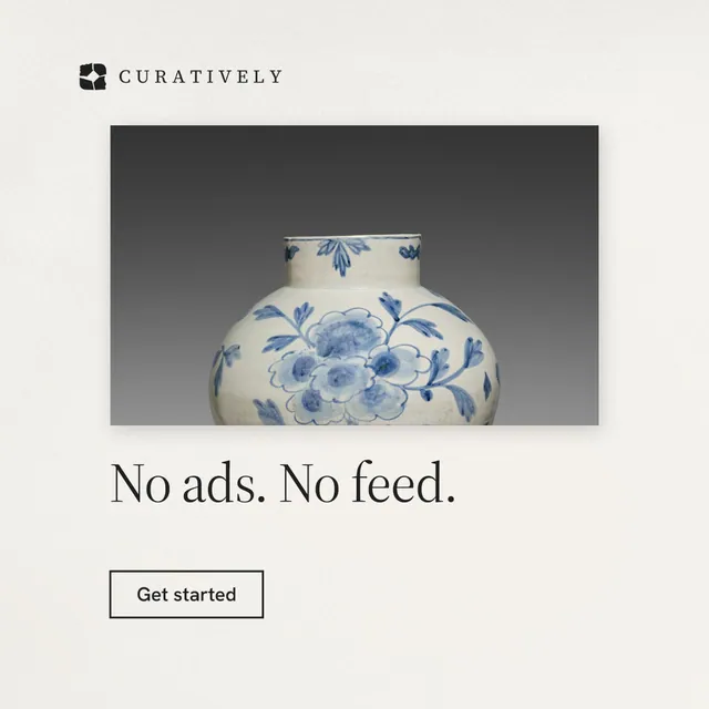Instagram post for Curatively: "No ads. No feed." Editorial style, bottom layout, light palette in white, grey.