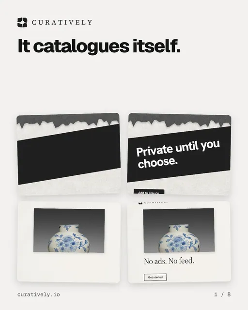 Carousel for Curatively: "It catalogues itself.". Collection carousel, 8 slides, light palette.