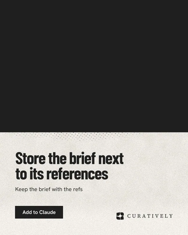 Instagram portrait post for Curatively: "Store the brief next to its references". Ink sticker style, bottom layout, light palette in black, yellow.