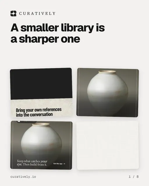 Carousel for Curatively: "A smaller library is a sharper one". Collection carousel, 8 slides, light palette.