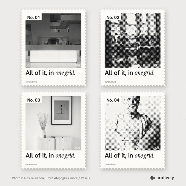 Instagram post for Curatively: "All of it, in one grid." Sheet style, technique:stamp series layout, light palette in white, grey.
