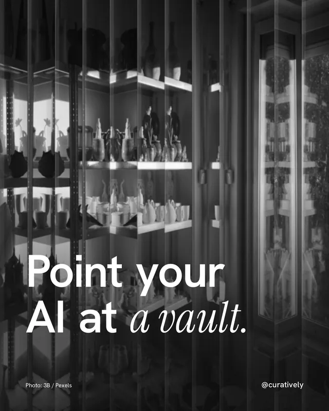Instagram portrait post for Curatively: "Point your AI at a vault." Photo style, technique:fluted glass layout, dark palette in grey, black.