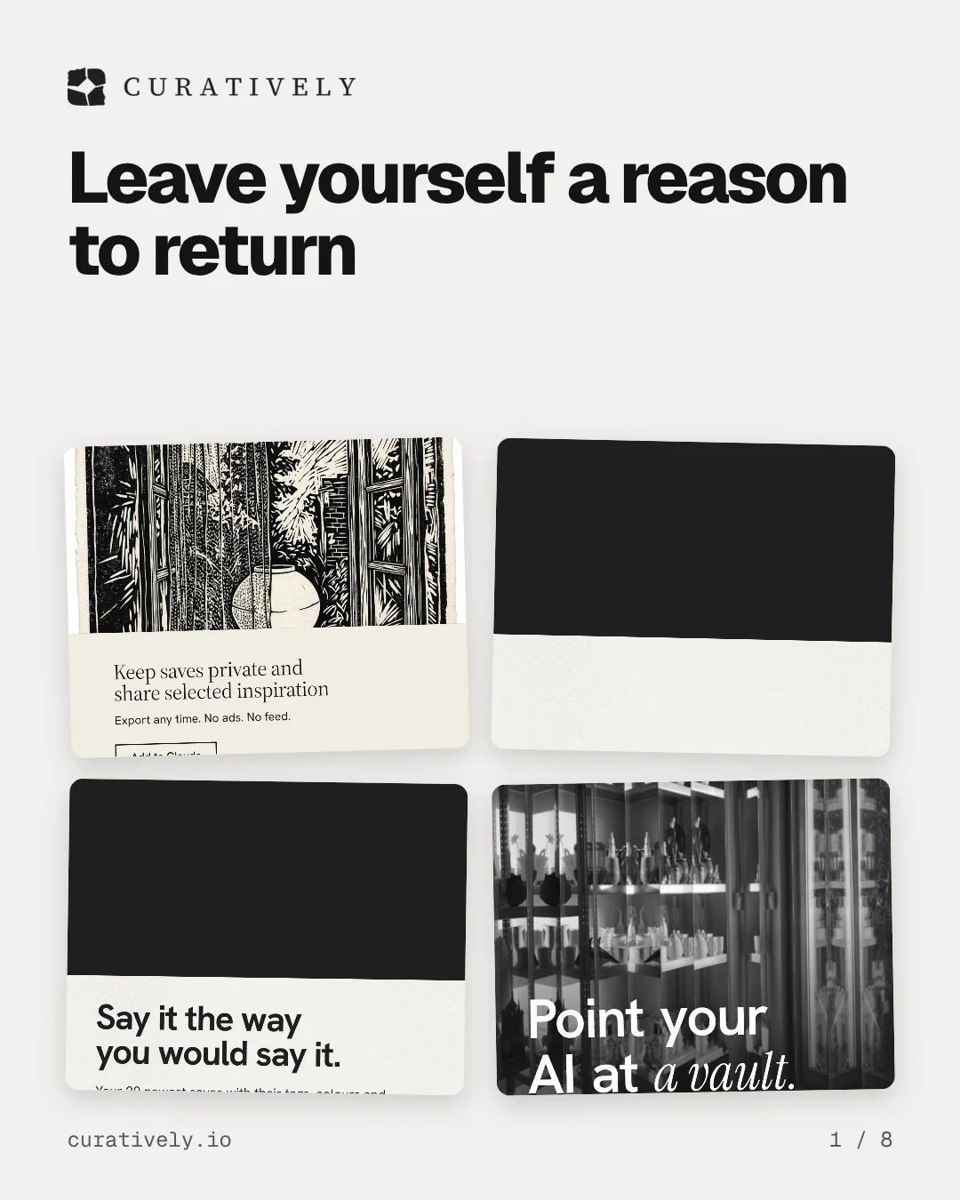 Carousel for Curatively: "Leave yourself a reason to return". Collection carousel, 8 slides, light palette.