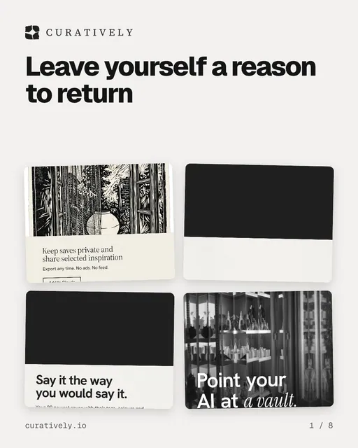 Carousel for Curatively: "Leave yourself a reason to return". Collection carousel, 8 slides, light palette.