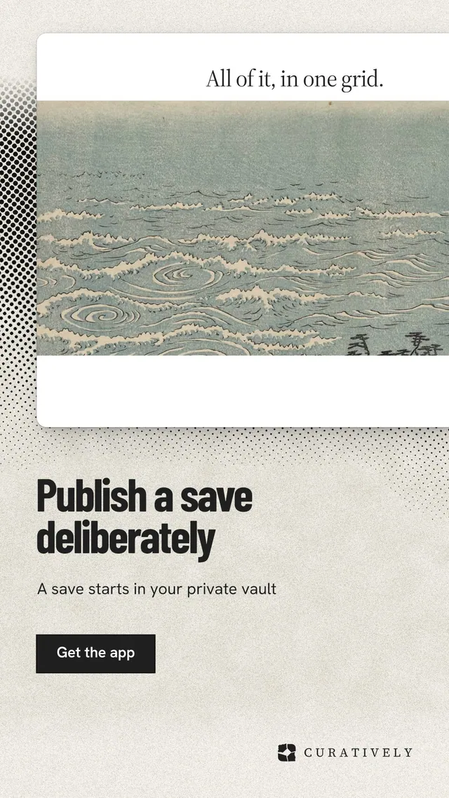 Instagram story for Curatively: "Publish a save deliberately". Ink sticker style, bottom layout, light palette in grey, yellow, orange.