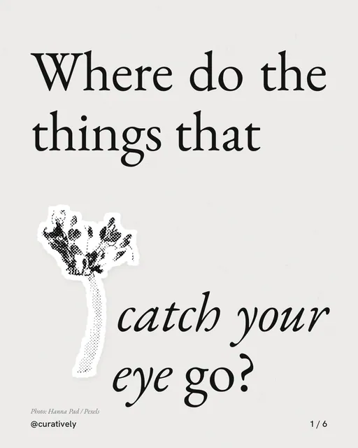 Carousel for Curatively: "Where do the things that catch your eye go?". Cutout essay, 6 slides, light palette.