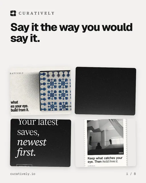 Carousel for Curatively: "Say it the way you would say it.". Collection carousel, 8 slides, light palette.
