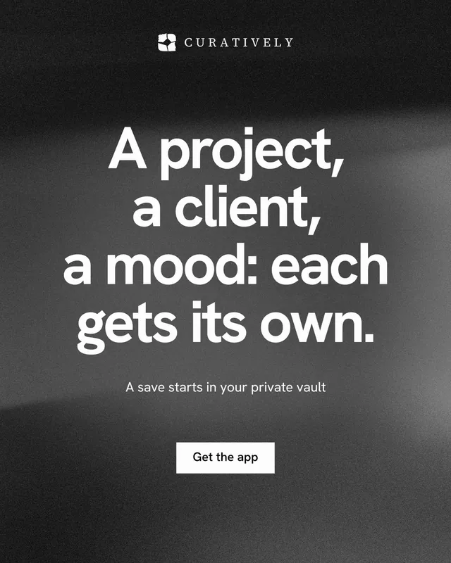 Instagram portrait post for Curatively: "A project, a client, a mood: each gets its own." Swiss style, centred layout, dark palette in grey, black.