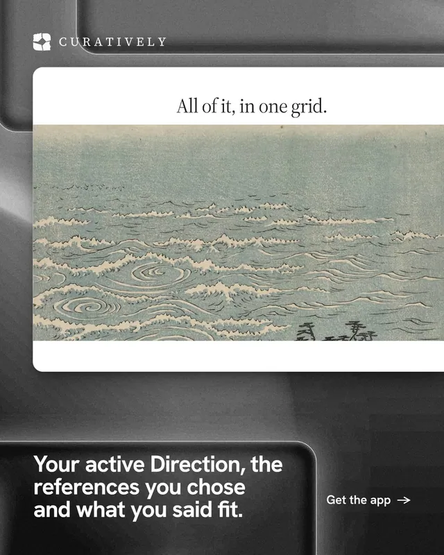 Instagram portrait post for Curatively: "Your active Direction, the references you chose and what you said fit." Swiss style, image led layout, light palette in grey, black, white.