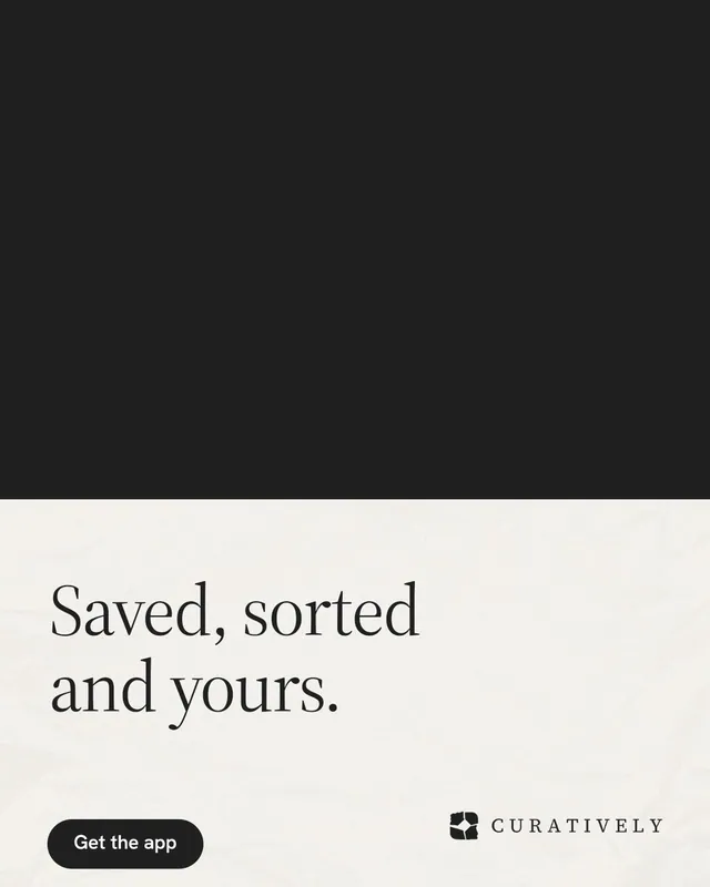 Instagram portrait post for Curatively: "Saved, sorted and yours." Data card style, bottom layout, light palette in black, white.